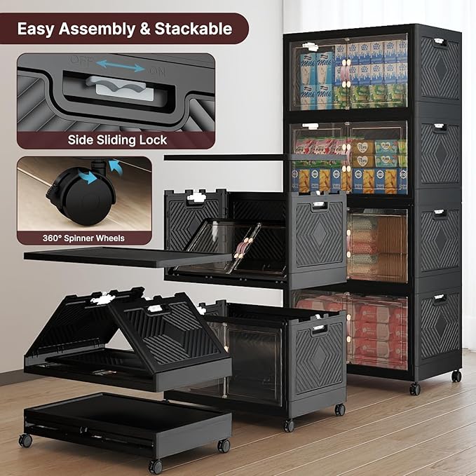 Extra Large Stackable Storage Bins with Lids & Wheels, 440QT-55QT/30GAL*8Pack Foldable Collapsible Closet Organizers Dark Storage Cabinet with Doors for Bedroom Dorm
