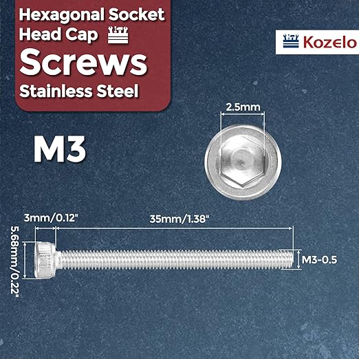 Kozelo 50pcs Socket Head Cap Screws - [M3-0.5 x 35mm] 304 Stainless Steel Allen Socket Drive for Electrical Motor 3D Printing Fan Engine Replacement Use, Silver