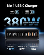 380W USB C Charger Block,with 4 USB Cables 8-Port USB C Charging Station Dual 100W Laptop Charger Fast Charger Type C Charging Block for MacBook Pro, Dell XPS, iPhone, iPad, Tablet (Bright Black)