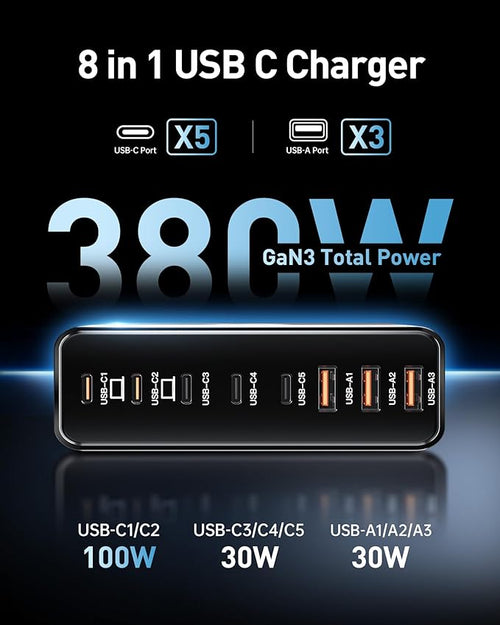 380W USB C Charger Block,with 4 USB Cables 8-Port USB C Charging Station Dual 100W Laptop Charger Fast Charger Type C Charging Block for MacBook Pro, Dell XPS, iPhone, iPad, Tablet (Bright Black)