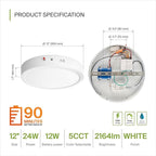 ASD LED 12" Round Flush Mount Ceiling Light Fixture, Low Profile Surface Lighting | 5CCT, Dimmable, Battery Backup, ETL Listed | 24W 2100LM 2700-6000K 120V | Kitchen, Hallway Lamp | White, 12 Pack