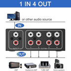 4-Way Stereo L/R Sound Channel Bi-Directional Audio Switcher, 1 in 4 Out or 4 in 1 Out, L/R Sound Channel Audio Switch Splitter RCA Stereo Switch Selector for DVD Stereo Speaker CD Player