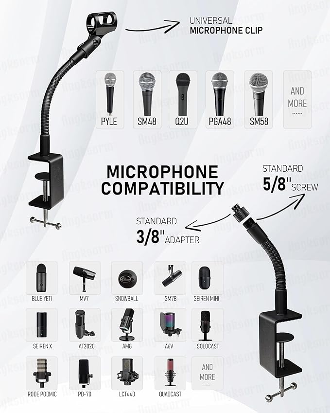 19-INCHS Flexible Gooseneck Microphone Stand with Heavy Duty Desk Clamp for Podcast, Meetings, Lectures, Radio Broadcasting Studio, Live Broadcast Equipment, TV Stations
