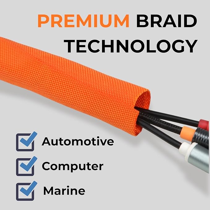 HOLED 3/4 inch Split Braided Cable Management Sleeve for USB Cable Power Cord Audio Video Cable, Wire Loom Cord Protector from Cat Dog Chewing (Orange, 25FT)
