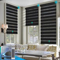 Motorized Zebra Blinds, Solar Powered Dual Layer Automatic Shades with Remote Control, Rechargeable Smart Blinds Horizontal Wireless Electric Shades for Windows, Custom Size, Black,33½ x 72