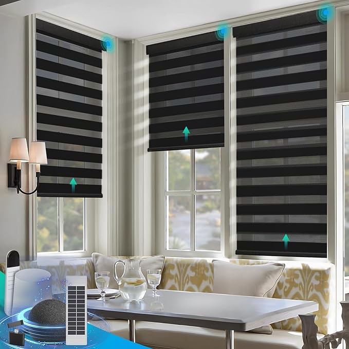 Motorized Zebra Blinds, Solar Powered Dual Layer Automatic Shades with Remote Control, Rechargeable Smart Blinds Horizontal Wireless Electric Shades for Windows, Custom Size, Black， 31 x 72