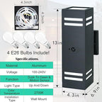 Motion Sensor Outdoor Wall Lights with Dusk to Dawn, E26 Dimmable LED Bulbs Included, Black Aluminum Up & Down Waterproof Porch, Patio, Garage, Garden, Front Door, ETL Listed 2 Pack