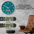 TIMESS Wall Clock, 14" Large Dial Non-Ticking Silent Battery Operated Analog with LCD Display for Perpetual Calendar and F° Temperature, Ideal Modern Home, Bedroom, Kitchen, Office Decor(Green)