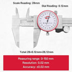 Standard Gage Metric Dial Caliper Measuring Tool 0-150mm Range, Analog Precision Caliper ±0.02mm Accuracy, Manual Mechanical Metal Stainless Steel Measuring Dial with 4-Way Measurements