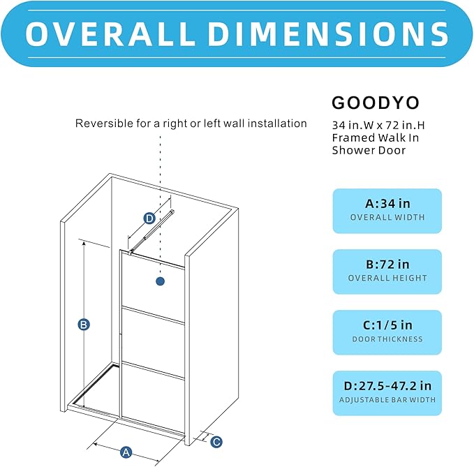 Goodyo Fixed Shower Door 34" X 72" Clear Tempered Glass Shower Screen Panel for Walk-in Bathroom, Black Framed 3 Pieces Shower Glass