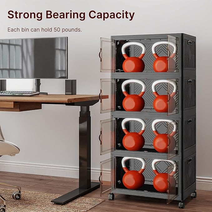 Extra Large Stackable Storage Bins with Lids & Wheels, 220QT-55QT/14GAL*4Pack Foldable Collapsible Closet Organizers Dark Storage Cabinet with Doors for Bedroom Dorm