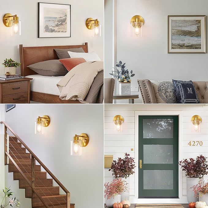 SOPEAS Brushed Gold Wall Sconce, Gold Vanity Light Modernbathroom Light fixtures with Clear Glass Shade Entrance Lamp Hallway Living Room Mount Bathroom Fixtures for Mirror (2PACK)
