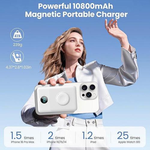 6 in 1 Magnetic Portable Charger for iPhone with Built-in Cables, 10800mAh 25W PD Fast Charging Power Bank, 6 Outputs Travel Essential Battery Pack for iPhone 17/16/15/14/13/12,Apple Watch (White)