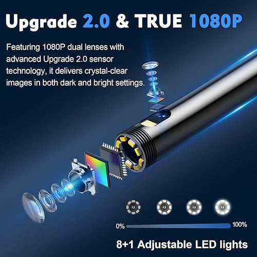 33FT Dual Lens Endoscope Camera with Light, 4.3" Borescope with Photo/Video(Built-in 32GB Card), IP67 Waterproof with 8 LED Lights, Semi-Rigid Snake Cable for Pipe, Engine & HVAC Inspection