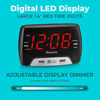 Westclox Large 1.4” Red LED Digital FM Clock Radio with Dual USB A & C Charging Ports, Adjustable Brightness, Dual Alarms & Sleep Timer – Modern Alarm Clock for Bedroom, Home, or Office (Black)