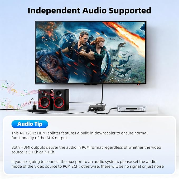 HDMI 2.1 Splitter 1 in 2 Out 4K 120Hz 8K 60Hz with Audio Out, BolAAzuL 1x2 HDMI Y Splitters Powered Plug&Play for Dual Monitors Duplicate, Zero Latency, Support HDCP 2.3 HDR for PS5/Xbox/PC/TV