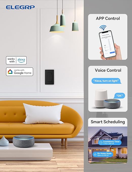 ELEGRP Smart Dimmer Light Switch DPR10, 2.4GHz Wi-Fi Dimmer Switch Compatible with Alexa and Google Assistant, Single Pole/3 Way, Needs Neutral Wire, No Hub Required, UL and FCC Listed, Black, 6 Pack