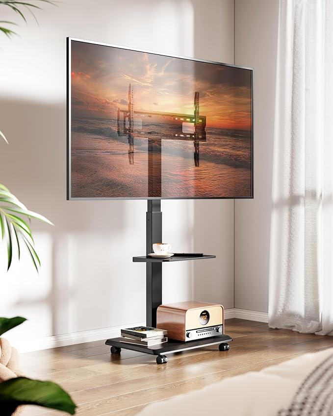 ECOTINY Steel Base Rolling TV Stand with Power Outlet for 32-75 inch TVs up to 110 lbs, Leveling & Tilt & Swivel Mobile TV Stand with Hidden Wire Management, Height Adjustable Portable Tv Stand, Black