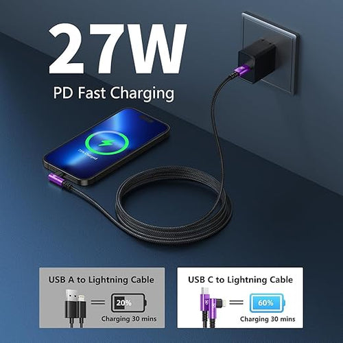 90 Degree USB C to Lightning 10FT, iPhone Charger Cables [Apple MFi Certified] 3Pack Fast Charging Cord, Nylon Braided USB C Lightning Cable Compatible with iPhone 14/13/12/11/Pro Max/Plus/8/7-Purple