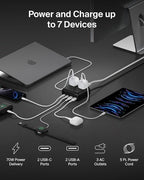 Belkin GaN Charging Station 70W, 7-in-1 Dual USB C Charger w/ 3X AC Outlets, 2X USB A Ports - Power Strip for iPhone, Apple Watch, iPad, MacBook, Chromebook, Samsung Galaxy, Pixel 10, & More - Black