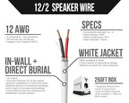 Voltive 12/2 Speaker Wire, in-Wall CL3 & Direct Burial, White, 250ft - 12AWG, 2 Conductors, Stranded Oxygen-Free Copper, UL Listed - V-1206-4