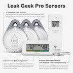 Leak Geek Pro Wi-Fi Alert System: Bridge Gateway, 3 Water Spot Detection Sensors, a Water Leak Area Detection Sensor with 76-inch Cable, and an Interior Temperature and Humidity Sensor Display