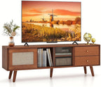 Giantex Mid Century Modern TV Stand for TVs up to 65", Wood Entertainment Center with Open Storage Shelves, PE Rattan Sliding Doors & Drawers, Media TV Console Table for Living Room (Walnut)