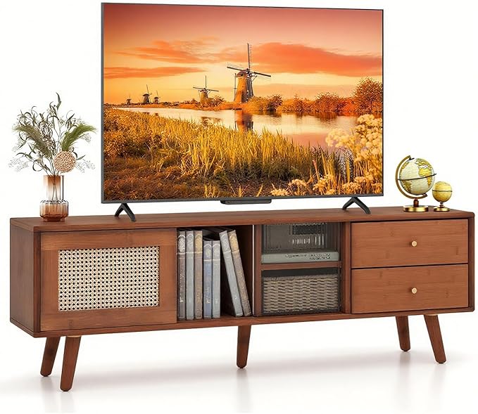 Giantex Mid Century Modern TV Stand for TVs up to 65", Wood Entertainment Center with Open Storage Shelves, PE Rattan Sliding Doors & Drawers, Media TV Console Table for Living Room (Walnut)