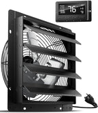 HG Power 14 Inch Attic Fan with Thermostat, Shutter Exhaust Fan with Smart Temperature Humidity Controller, Wall Mounted Greenhouse Fan with EC Motor for Garage, Shed Ventilation, Black