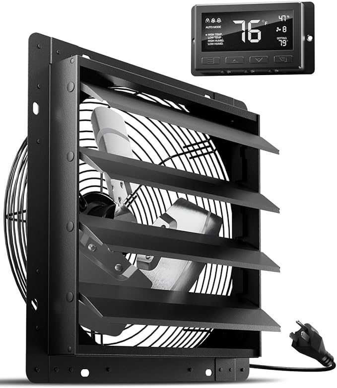 HG Power 16 Inch Attic Fan with Thermostat, 1681 CFM Shutter Exhaust Fan with Smart Temperature Humidity Controller, Wall Mounted Greenhouse Fan with EC Motor for Garage, Shed Ventilation, Black
