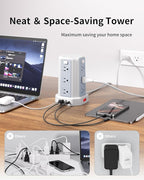 Power Strip Surge Protector, 10 Ft Extension Cord with 12 AC Multiple Outlets 4 USB (1 USB C), SMALLRT Power Tower Desktop Charging Station (White, 6.5 FT)