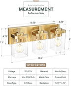 METWET Bathroom Light Fixtures Over Mirror, 3-Light Brushed Gold Vanity Light with Square Clear Glass Shade, Modern Wall Sconces, Vanity Lighting Fixtures, VL194-BG-3