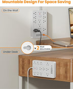 Bawmwim Surge Protector Power Strip - 11 Outlets(1850W/15A) with 6 USB Ports(2 USB C), 10FT Flat Plug Extension Cord, Wall Mount, White, ETL Listed for Home, Dorm Room