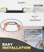 NUWATT 6 Pack, 4 Inch Ultra-Thin LED Recessed Lighting Black, 5CCT 2700K/3000K/3500K/4000K/5000K Selectable, 630LM, 9W, IC Rated, Dimmable Canless Wafer Light, Damp Rated Pot Lights with Metal J-Box