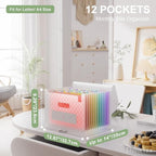 ThinkTex Accordion File Organizer, 12 - Pocket Expanding File Folders for Paper Receipts, Bills & Taxes Organizer, Letter/A4 Size Document Holder for School, Office, Home with Colorful tabs- Pink