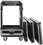Sound Town 16U PA DJ Pro Audio Rack/Road ATA Case with 2U Drawer, 11U Slant Mixer Top, Two DJ Work Tables, Casters, Pro Tour Grade (MR-DR16UT2)