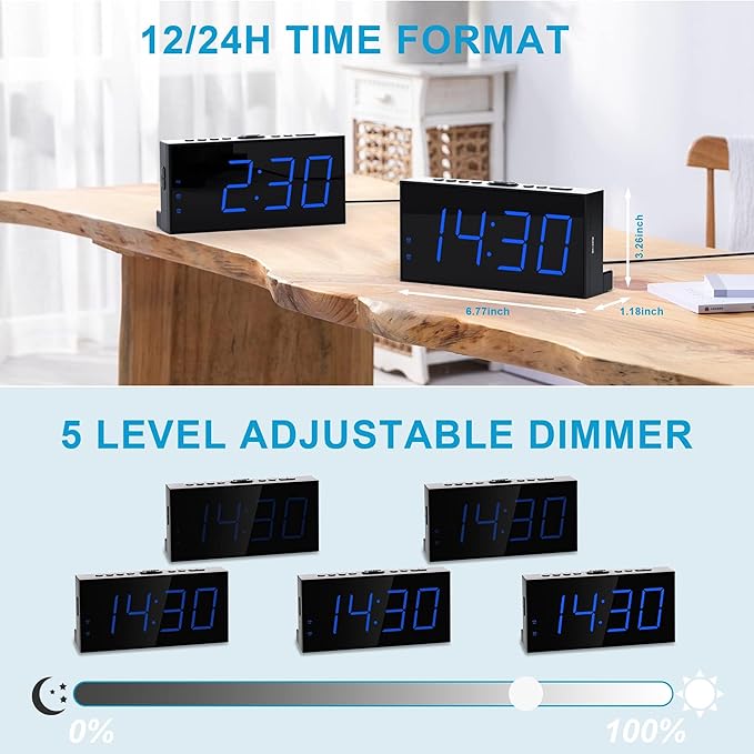 Extra Loud Dual Alarm Clock with Vibration for Bedroom,Extreme Bed Shaker Alarm Clock for Deep Sleeper Hard of Hearing Deaf,7" Clear LED Display,USB Port,Battery Backup,Easy to Set for Senior,Kids,DST