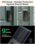 TCL D2 Pro Smart Lock with Palm Vein Recognition, 10000mAh Rechargeable Battery & Wi-Fi, Keyless Entry Door Lock, IP55 Weatherproof, Built-in Doorbell, Auto Lock, Compatible with Alexa, Black