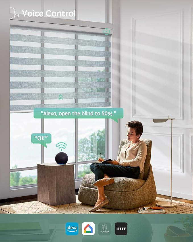 Yoolax Motorized Blinds with Remote, Electric Zebra Blinds for Indoor Windows, Room Darkening Smart Shades with Voice Control, Compatible with Alexa Google Home, APP Control, 34" W x 72" H, Grey