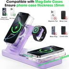 Dual Phone Wireless Charging Station for Apple Devices, Magnetic Charging Station for iPhone with Auto Switch 7-Color Light&Clock,Family Watch Charger for iPhone17 for iWatch11 for AirPods Pro3(Purple