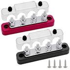 4 x #10 (M5) Studs Bus Bar, Ampper 4.2" Power/Ground Distribution Block Brass Battery BusBar Junction with Cover for Auto Boat Amplifier and More (Red & Black)