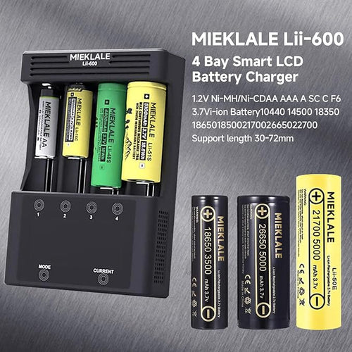 18650 Battery Charger, MIEKLALE 4-Bay 3A Fast Rechargeable Battery Charger with Smart LCD Display,Discharge & Testing Functions for Rechargeable Batteries Li-ion 16340 18650 26650 10440 14500
