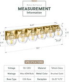 METWET Bathroom Light Fixtures, 6 Light Brushed Gold Vanity Light, 38 Inch Modern Wall Sconces with Globe Clear Glass Shade, Vanity Lighting Fixtures Over Mirror, VL195-BG-6