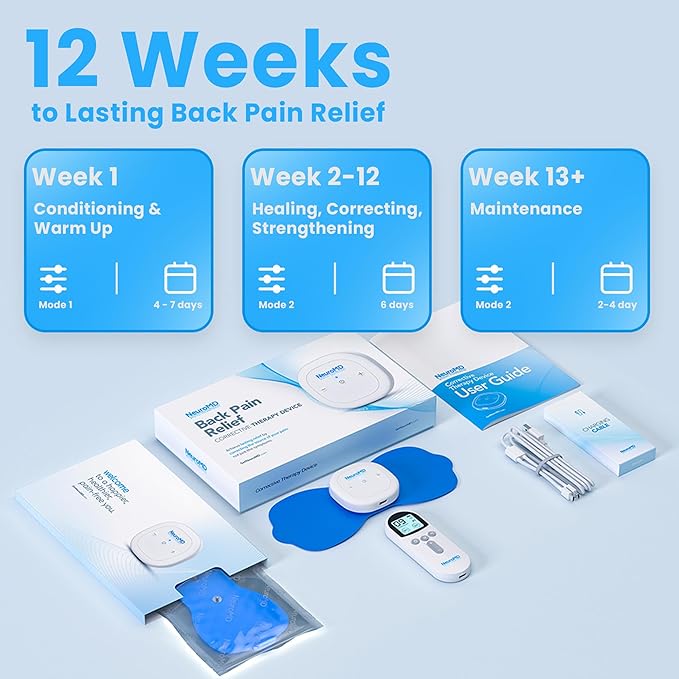 NeuroMD: Corrective Therapy Device for Back Pain - NMES Wireless Electrode Pads | Muscle Stimulator for Pain Relief | 2 Studied Modes for Back Pain, Muscle Strengthening & Sciatica