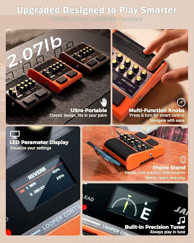 JOYO 10W Portable Guitar Practice Amp & Multi-Effects Pedal Combo Amplifier with Footswitch,OTG Recording, Bluetooth,14 Amp Models,3-Band EQ,36 Drum Patterns & Looper (JAM Buddy II, Orange)