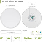 ASD LED 12" Round Flush Mount Ceiling Light Fixture, Low Profile Surface Lighting | 5CCT, Dimmable, Ultra-Thin, ETL Listed | 24W 1900LM 2700-6000K 120V | Kitchen, Bedroom, Hallway Lamp | White