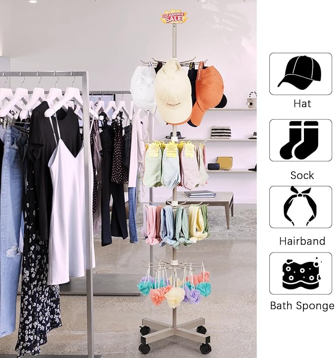 Exttlliy Retail Display Stand Store Display Rack 5 Tier Metal Spinning Display Stand Rack with Wheels Keychain Jewelry Stocking Hat Display Stand with Hooks for Malls, Showroom, Retail Store (Grey)