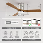 SMAAIR 52 Inch Flush Mount Ceiling Fan with Light, Low Profile Outdoor Ceiling Fan with Remote and Dimmable Light, 10 Speed DC Motor, Compatible with Alexa/Google Assistant/Siri Shortcuts (Wood)