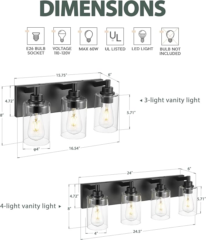 METWET 3-Light Bathroom Light Fixtures, Black Vanity Light with Cylinder Clear Glass Shade, Modern Vanity Lighting Fixtures Over Mirror, VL143-MB-3