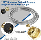 NQN 12FT Stainless Braided Propane Adapter Hose with Gauge, Propane Tank Hose Adapter 1lb to 20lb Converter for QCC1/Type1 Coleman Camp Stove, Buddy Heater, Tabletop Grill&More 1lb Portable Appliance